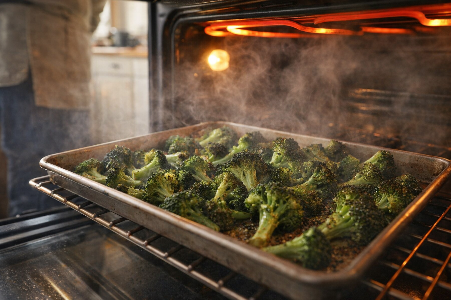 A side-angle shot of broccoli florets roasting on a sheet pan inside an oven, glowing heating elements, steam escaping, warm light